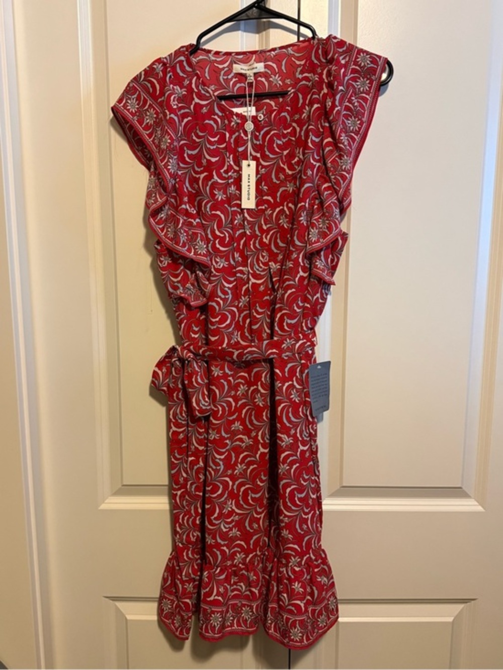 Max Studio Red Floral Tie-Waist Ruffle Midi Dress